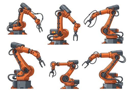 Industrial Robotic Arms Set Vector Illustration. Collection of Orange Manufacturing Robot Manipulators for Automation and Technology in Various Poses on White Background.
