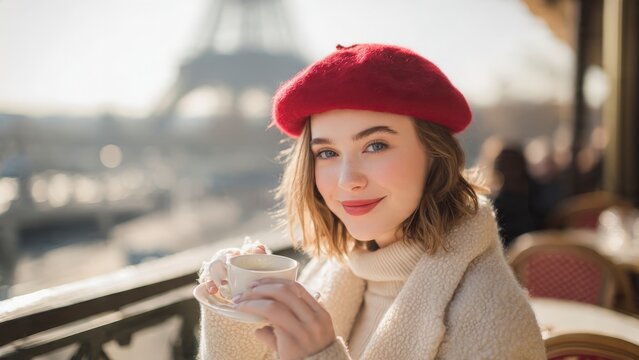 Young woman in red beret drinking coffee at Paris cafe