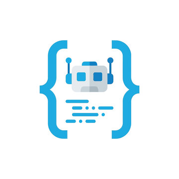 Coding robot icon, ai bot inside curly braces, developer tools concept, automation script, software engineering, programming tutorial, modern vector illustration