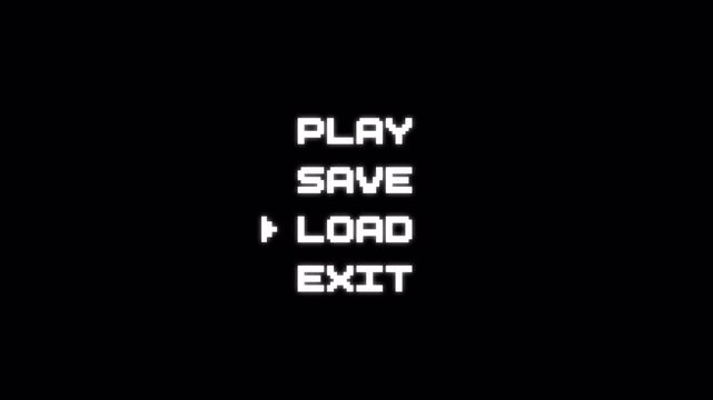 Pixel art game style menu option text with alpha channel. retro 8-bit animation play, save, load, exit menu. 4k video