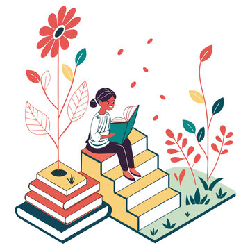 Girl sitting on steps next to giant flower plant.