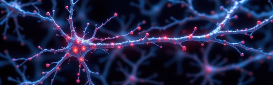 Neuron cell with dendrites and synapses glowing in a dark blue and red digital environment.