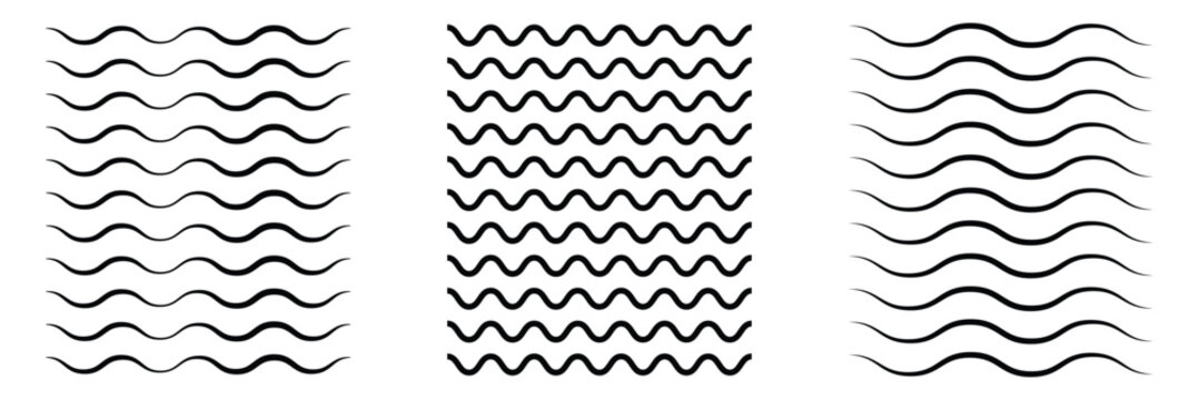 Black vector seamless wavy line pattern. Sinuous warp op twisty shape form tracery white color with black squiggly bent strokes. Art retro billowy curvy zigzag wavelike meander winding style 