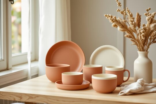 Minimalist ceramic tableware set in earthy tones displayed on a wooden table by a window.