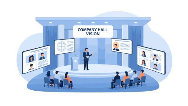 Business meeting with presenter on stage and audience watching screens with virtual participants