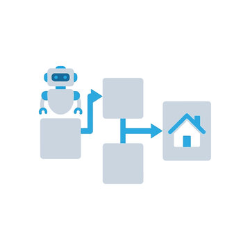 AI robot builder icon, autonomous machine arranging blocks into house, smart construction system, automated assembly process, future building technology vector