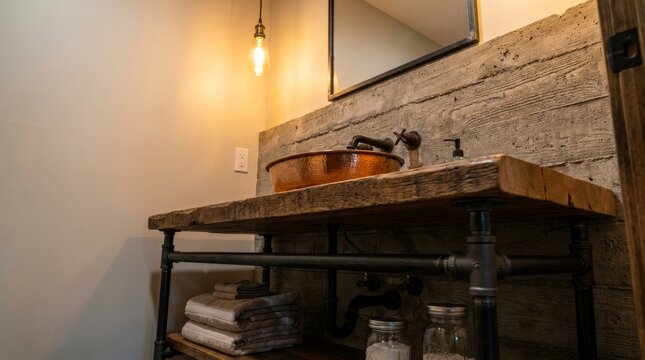 Rustic industrial bathroom vanity with a copper vessel sink, reclaimed wood countertop, and pipe stand against a board-formed concrete wall with warm Edison bulb lighting.