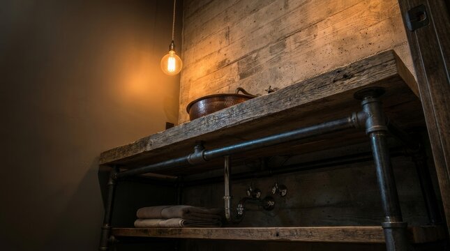 Modern industrial bathroom interior featuring a rustic wooden vanity with copper sink, plumbing pipe frame, and a hanging Edison light bulb against a concrete wall.