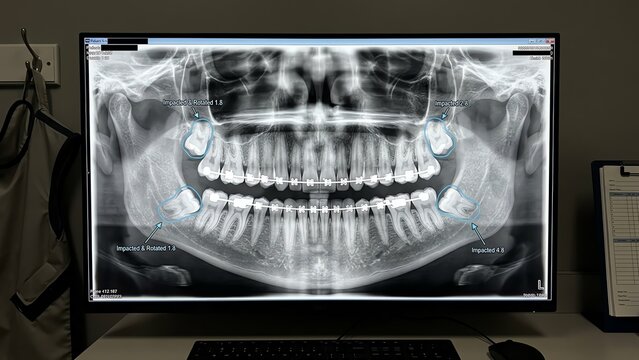 Dental X ray of Teeth with Braces and Impacted Wisdom Teeth