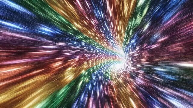 Vibrant colorful light streaks radiating outward.