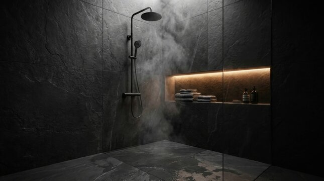 Modern minimalist bathroom interior with dark slate tiles, matte black shower fixtures, and rising steam in a luxury spa setting.