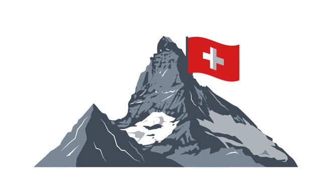 Swiss Flag on Mountain Peak Illustration.