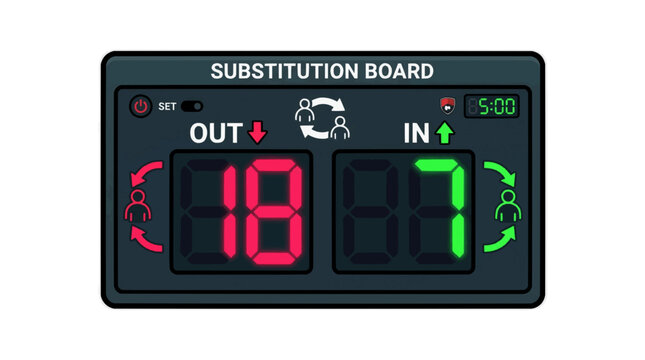 Digital substitution board showing player numbers 18 out and 7 in with timer and icons isolated on white background