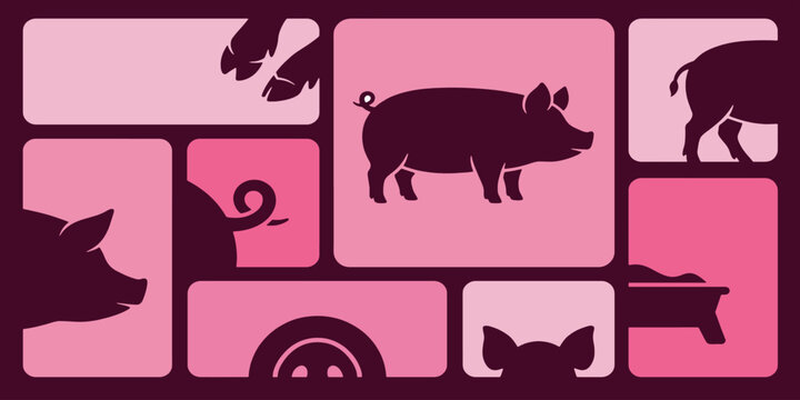 Stylized pig silhouettes in various poses and details on a pink and maroon tiled background, representing different aspects of swine.
