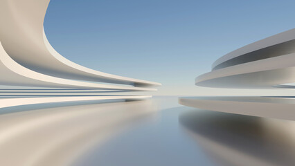 3D render of futuristic curved white architecture with smooth reflections on a glossy floor under a clear blue sky © ilham