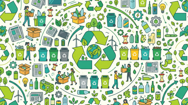 Sustainable lifestyle seamless pattern with environmental icons and nature elements
