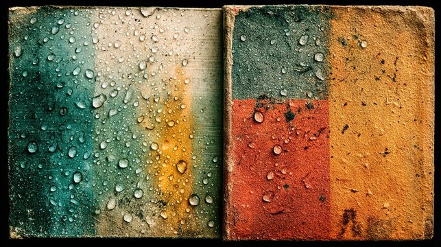 Textured abstract background with vertical split composition, left blurred color‑block gradient of light‑to‑dark green and yellow with faint grid texture, right solid warm brown