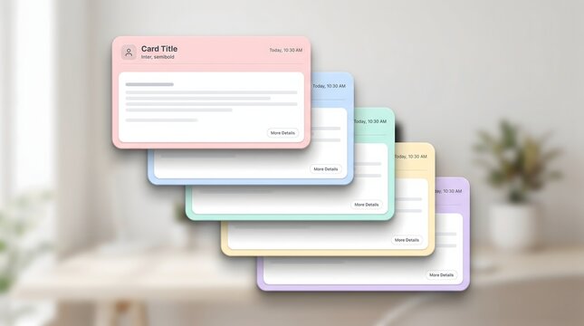 Stack of pastel-colored digital note cards or flashcards with placeholder text, ideal for app design or study tools.