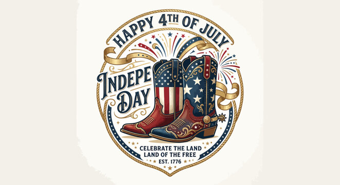 Celebratory Independence Day Illustration Featuring patriotic boots and festive fireworks with a circular emblem design for July