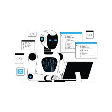 Office coding robot icon, ai developer at computer, script editor, algorithm design, software project, productivity tools, programming session, vector illustration
