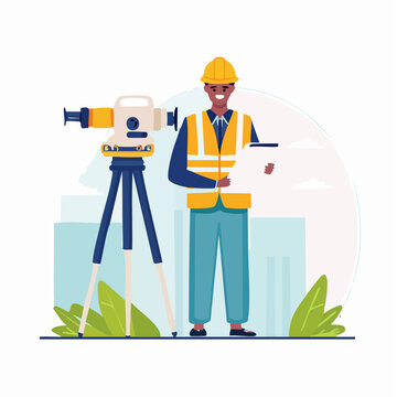Surveyor with Leveling Instrument and Plans