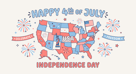 Obraz premium Colorful celebratory illustration of the United States map highlighting Independence Day patriotic symbols and festive fireworks