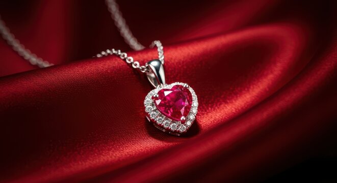 Heartshaped ruby pendant necklace on red silk fabric