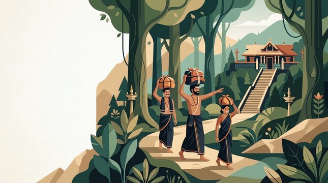 Three traditional Indian villagers carry bundles on their heads while walking together towards a beautiful hilltop temple in a forest