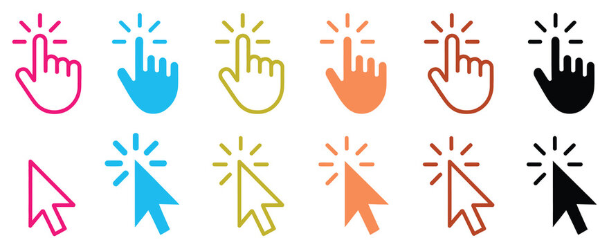 Click and hand cursor icons set for web UI, mobile apps, and interactive digital design elements.