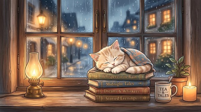 A small ginger kitten sleeps peacefully while curled up on a stack of old vintage books in a cozy room, right composition and copy space on left&nbsp;