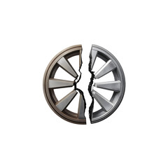 Obraz premium Broken metallic wheel split in half isolated on black background
