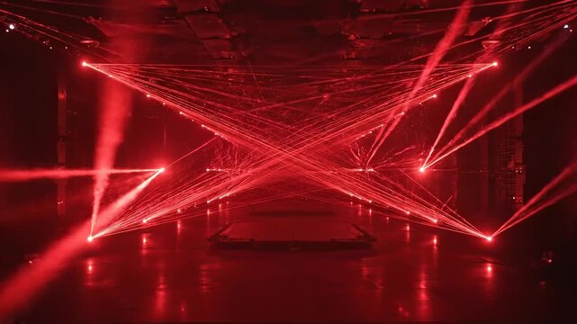 A dark room with multiple red laser lights.