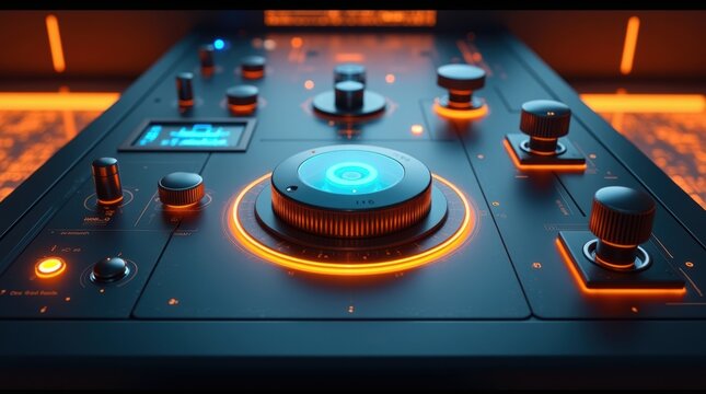 Close-up of blue audio mixer with glowing controls