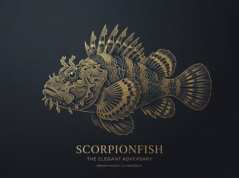 A detailed golden illustration of a scorpionfish featuring intricate scales and sharp fins designed with artistic elegance and refined style