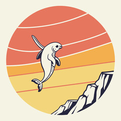 Retro illustration of a narwhal jumping near rocks. © Sirajum