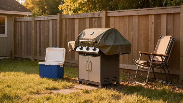 Backyard barbecue setup with covered gas grill cooler box and folding lawn chair in fenced garden, summer outdoor cooking and family gathering scene