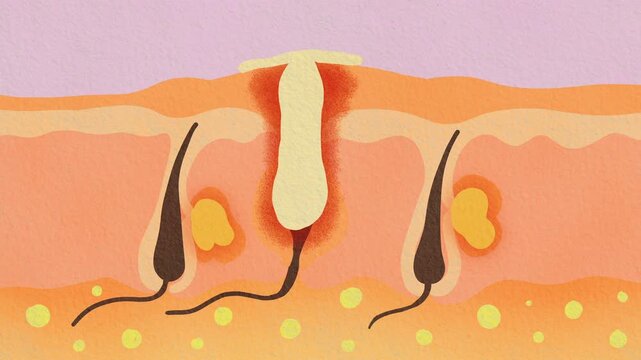 Hand Drawn Watercolor Animation of Human Skin Anatomy Cross Section Showing Clogged Pore and Whitehead