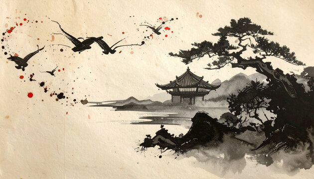 Ink wash painting of birds flying over a traditional asian landscape
