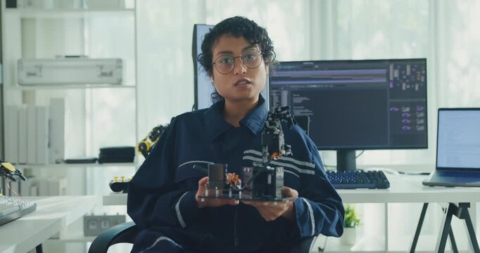 Young African American female robotics engineer discussing mechanical part on video call and looking at camera in laboratory. Remote work, virtual training, online meeting, future technology concept.