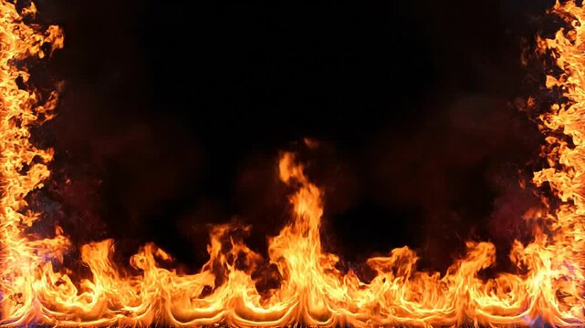 Animated fire frame on black background concept. Fiery orange flame border with bright burning fire and dark background for intense energy and heat concept