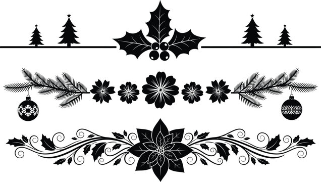 Black silhouette christmas decorative borders with trees, holly, pine branches, ornaments, and poinsettias