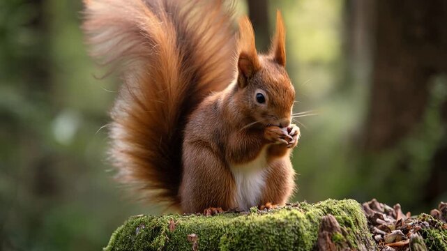 A red squirrel standing on a mossy log in a forest eating a nut