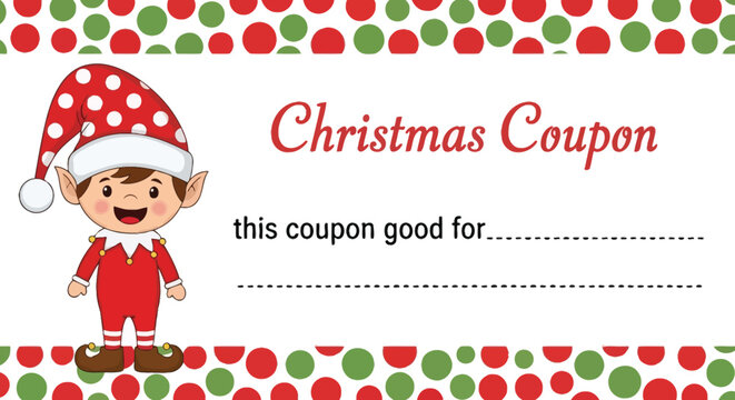 Cheerful cartoon elf on a christmas coupon with red and green polka dot border gift voucher