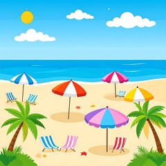 Obraz premium Beach scene with colorful umbrellas and chairs.