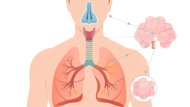 Human respiratory system medical illustration with detailed alveoli lungs anatomy for healthcare education, science research and pulmonary wellness campaign in minimalist modern clean style.