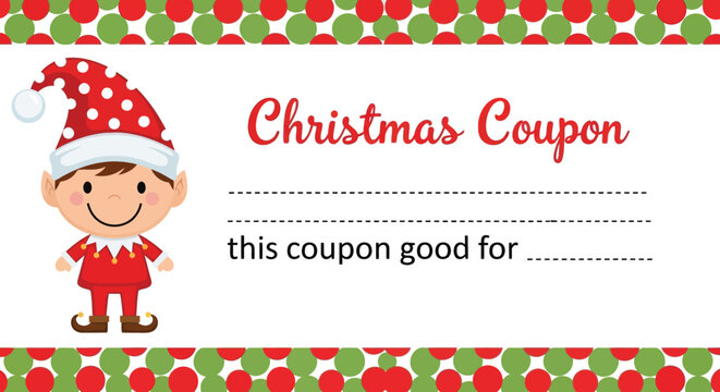 Christmas coupon with elf character and festive polka dot border holiday