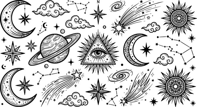 Hand-drawn celestial elements set &mdash; crescent moon, planets, stars, comets, constellations, sunburst, clouds, all-seeing eye. Black ink boho doodle on white background. Vector illustration bundle