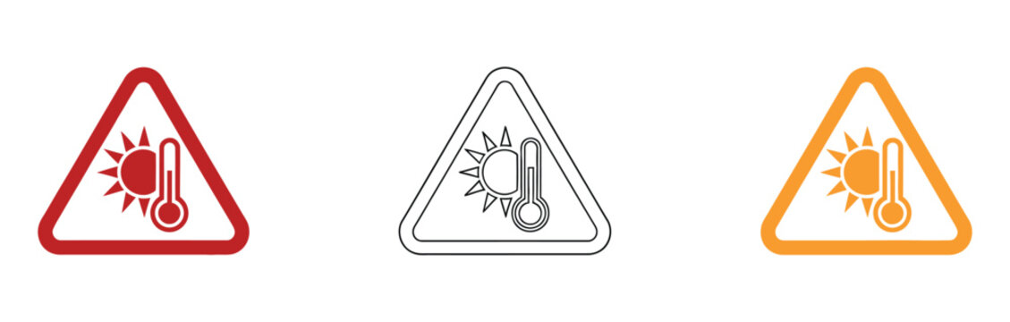High temperature warning icon set featuring heat alert symbols in black, gray, and orange color variations.