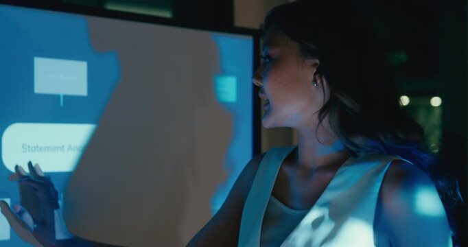 Young Asian businesswoman work together leads business meeting uses presentation TV with profit or sale statistics in office night. Financial generation z team brainstorm on e-Commerce project.
