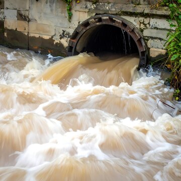 Dirty water flowing from sewer pipe.